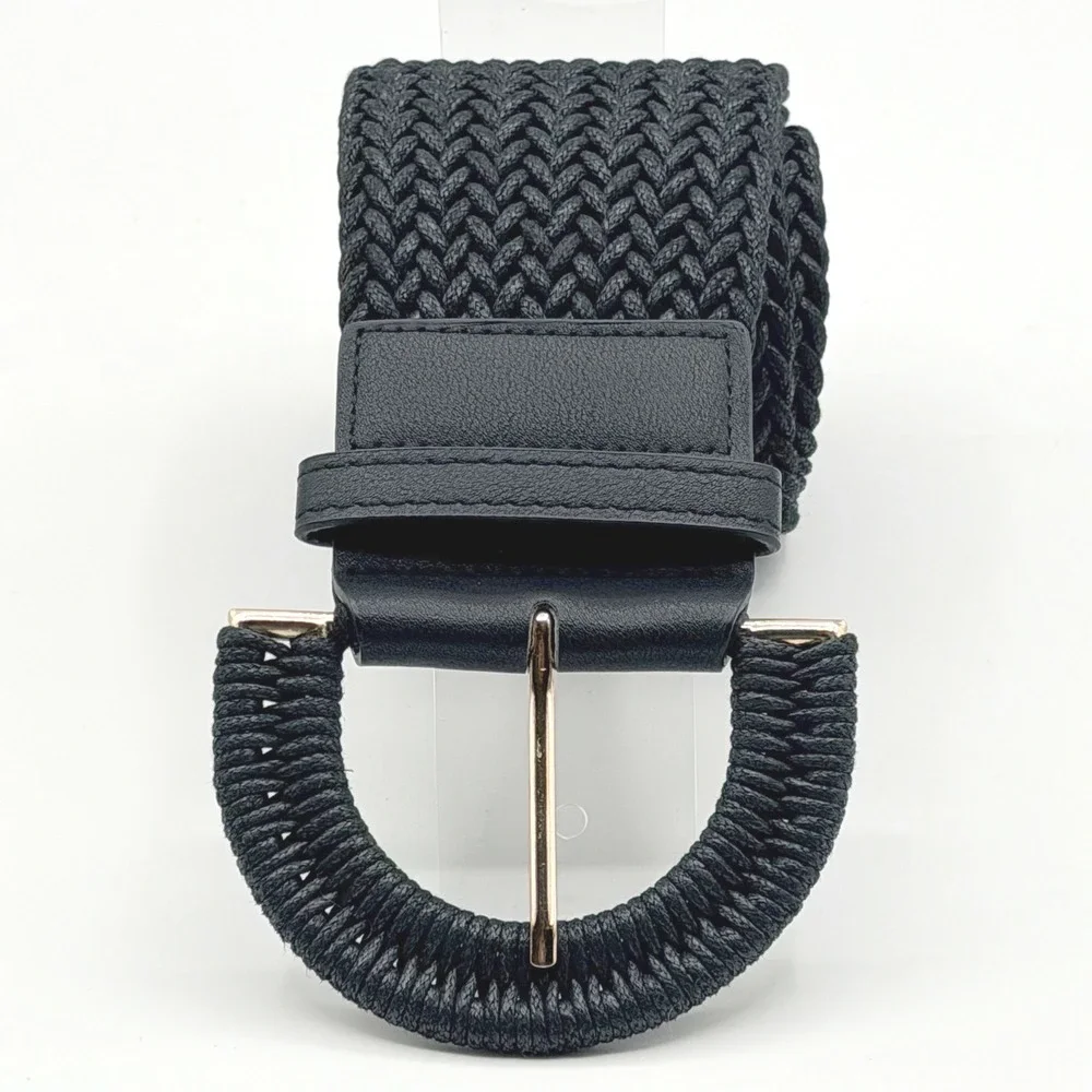 Womens Black Braided Elastic Waist Belt Wide Woven Cinch Gold Horseshoe Buckle